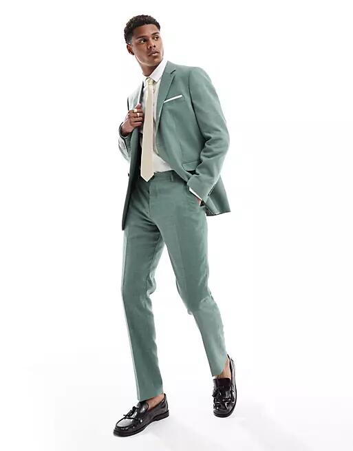 Selected Homme linen mix slim fit suit pants in green Cover