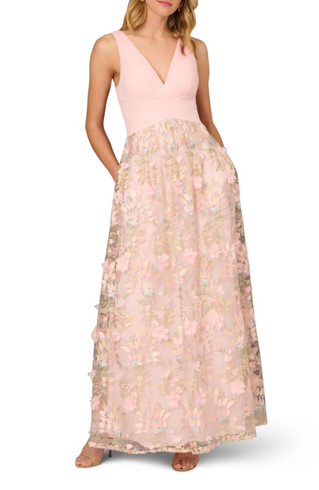 Aidan Mattox by Adrianna Papell Floral Embroidered Mesh Ballgown in Pink Multi Cover