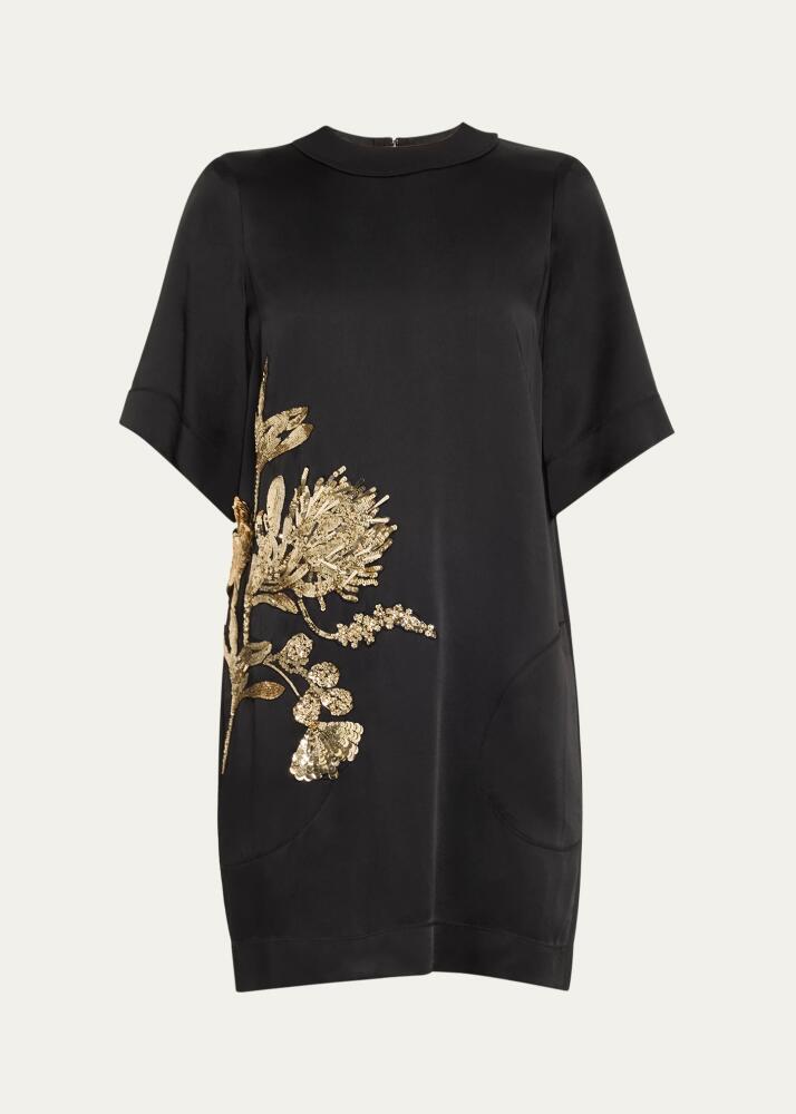 Jason Wu Collection Hammered Satin Mini Shift Dress with Floral Embellished Details Cover