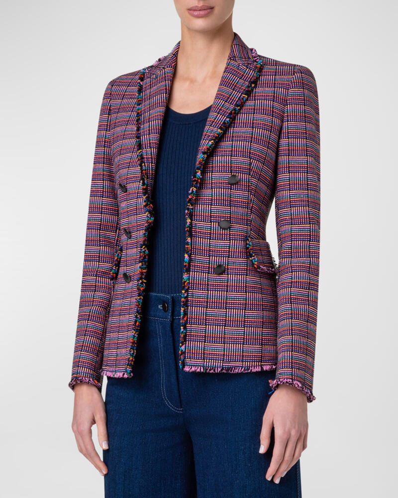 Akris punto Multicolor Grid Check Tweed Double-Breasted Illusion Jacket Cover