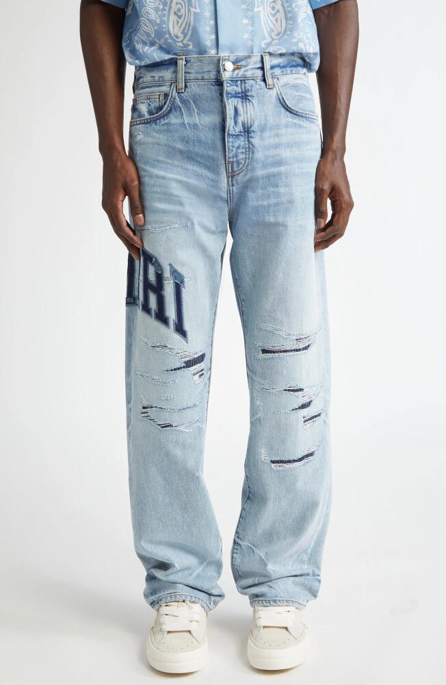 AMIRI Varsity Logo Rip & Repair Straight Leg Jeans in Perfect Indigo Cover