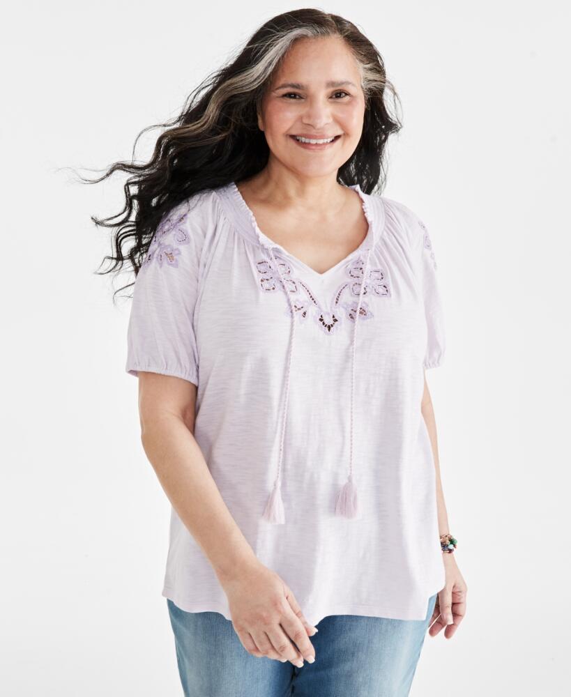 Style & Co Plus Size Embroidered Split-Neck Puff-Sleeve Top, Created for Macy's - Sandy Lavendar Cover