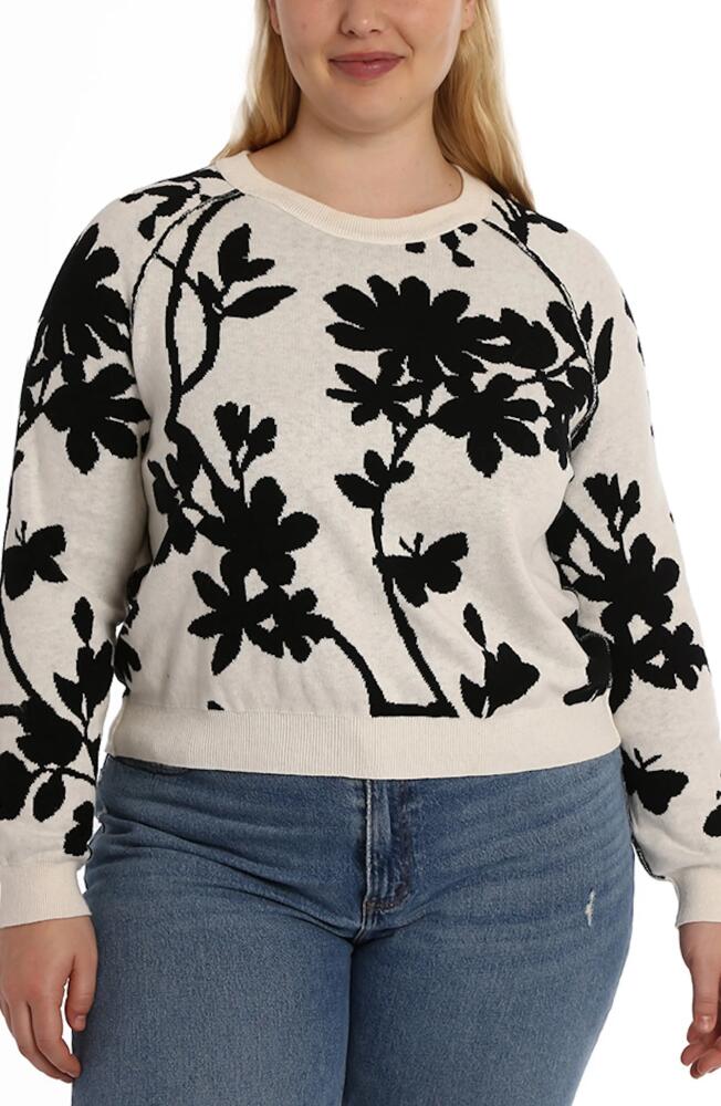 MINNIE ROSE Floral Cotton & Cashmere Crewneck Sweater in Black/Starch Cover