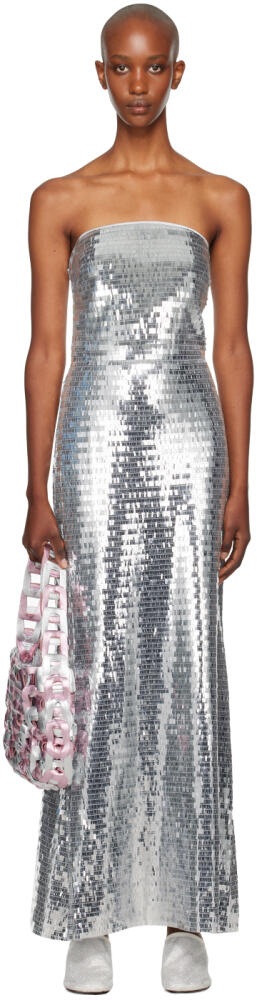 SIMONMILLER Silver Sculpty Strapless Sequin Maxi Dress Cover