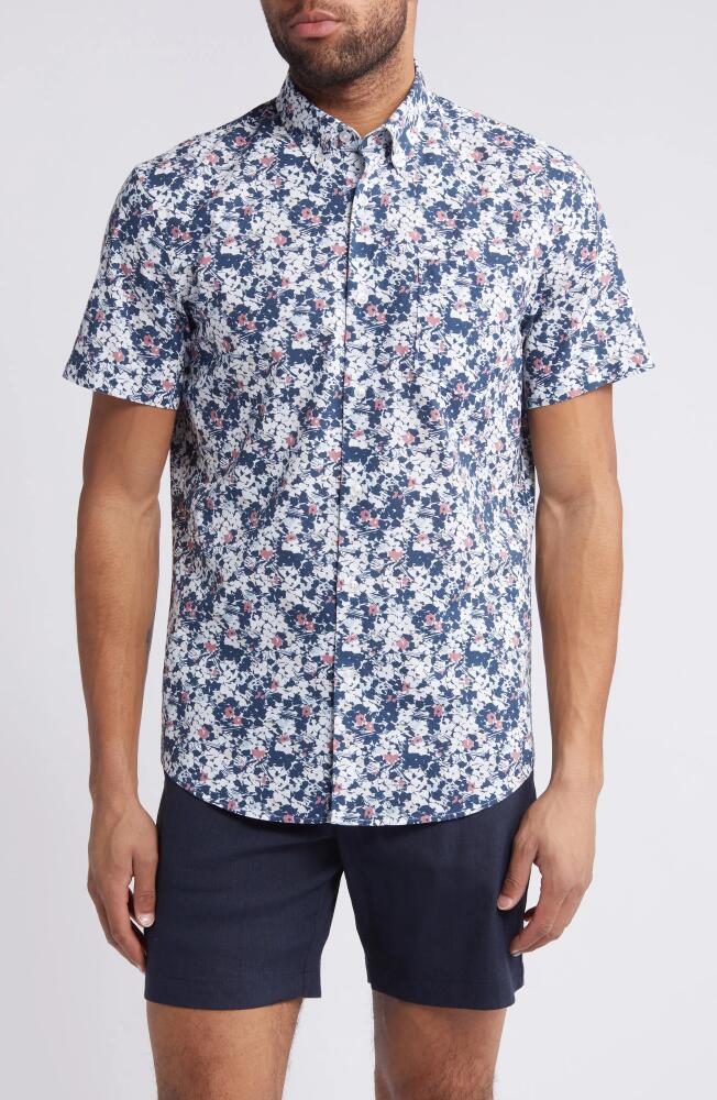 Nordstrom Trim Fit Floral Short Sleeve Stretch Cotton & Linen Button-Down Shirt in Navy- White Ditsy Field Cover