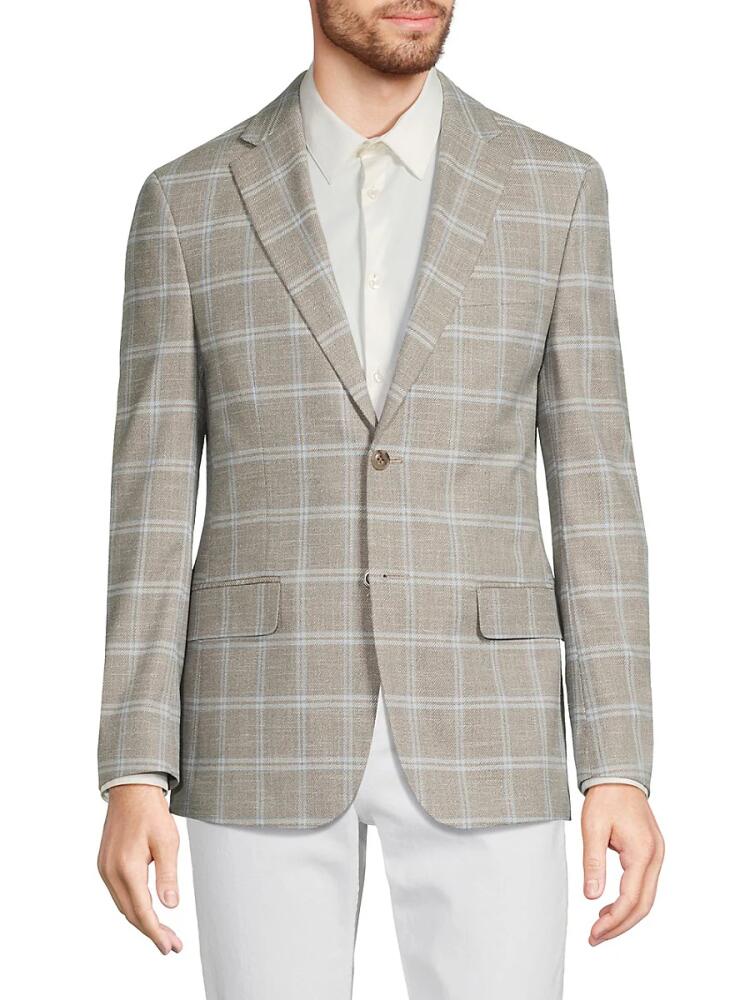 Tommy Hilfiger Men's Plaid Notch Lapel Blazer - Tan Blue Cover