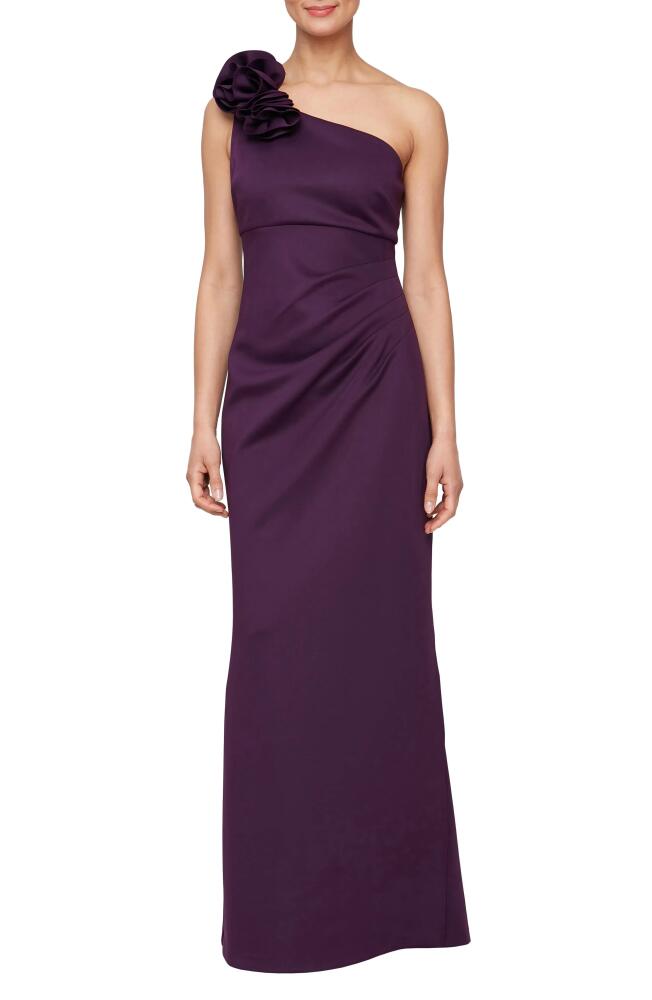 SL FASHIONS Rosette One-Shoulder Gown in Plum Cover