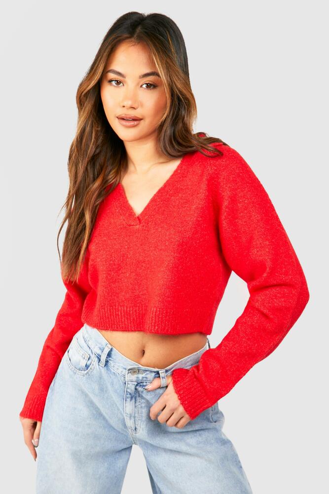 boohoo Womens Soft Knit Fine Gauge Cropped Polo Collar Sweater - Red Cover