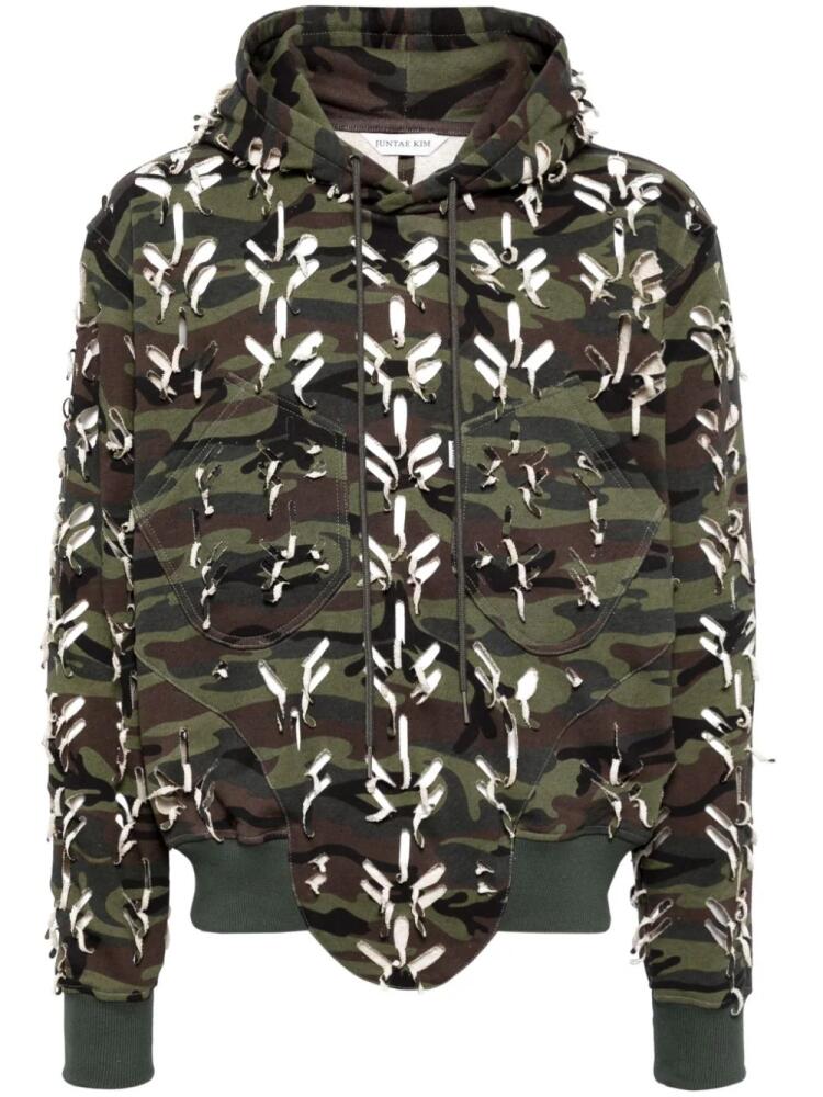 JUNTAE KIM ripped camouflage-print cotton hoodie - Green Cover