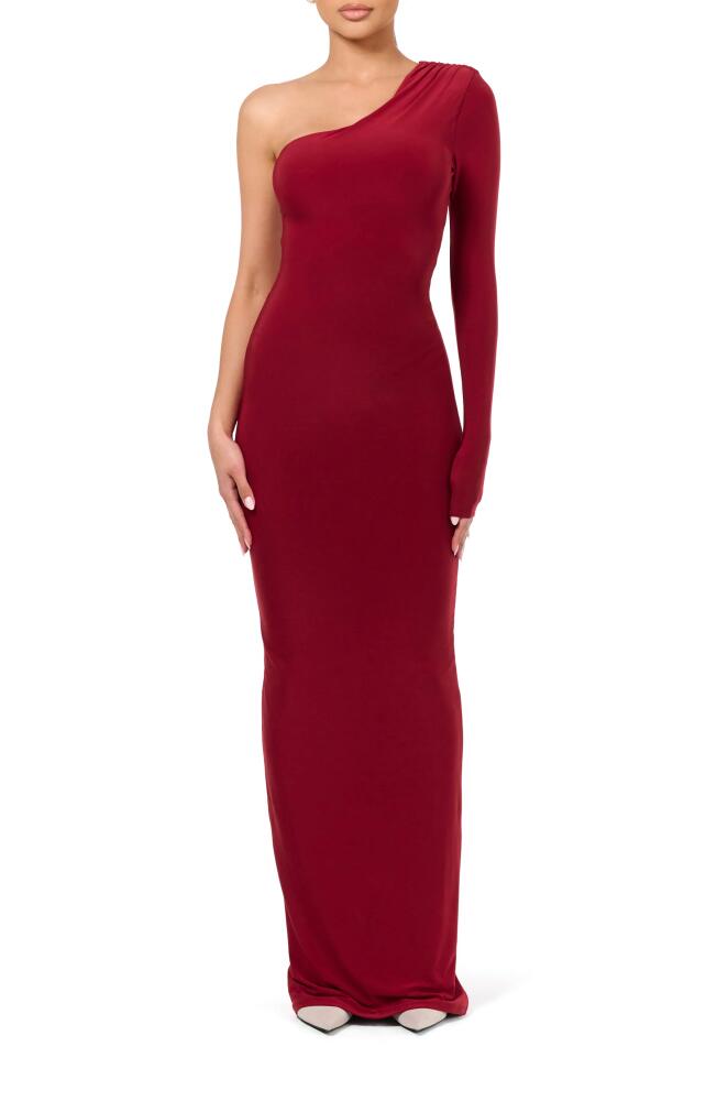 Naked Wardrobe Hourglass Cutout One-Shoulder Long Sleeve Dress in Dark Red Cover