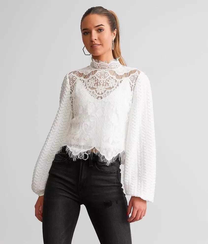 A. Peach Sheer Eyelash Lace Cropped Top Cover