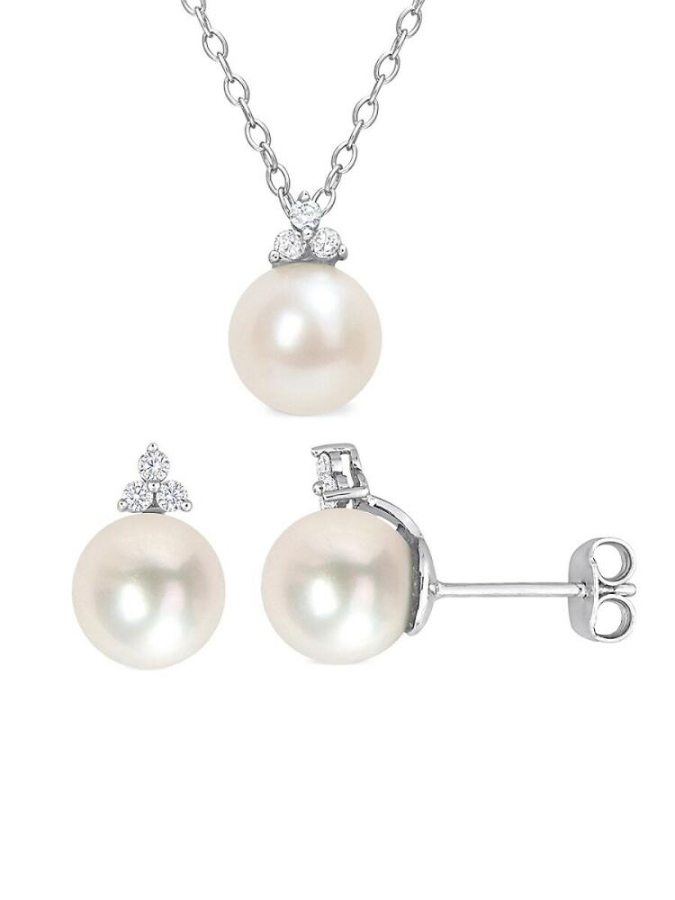 Sonatina Women's 2-Piece Sterling Silver, 8-8.5MM White Round Freshwater Pearl & Diamond Necklace & Earring Set Cover