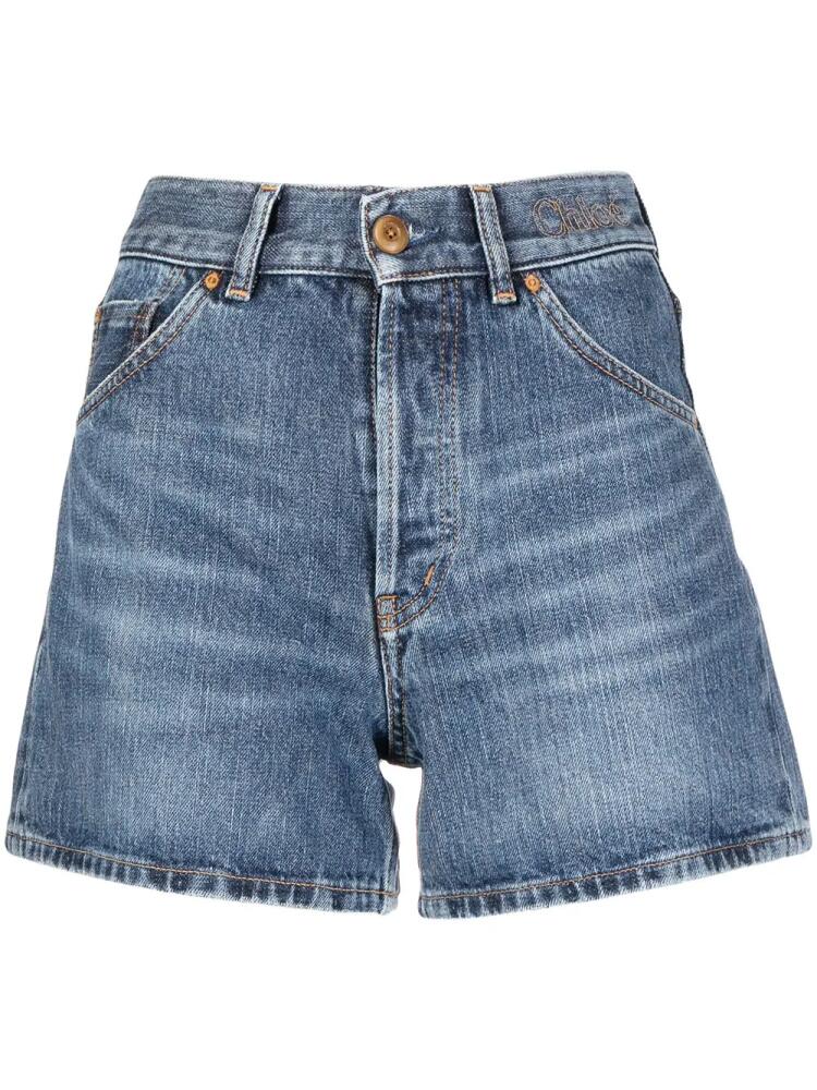 Chloé embroidered high-rise denim shorts - Blue Cover