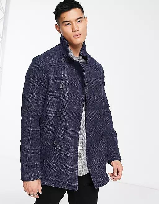 French Connection double breasted funnel coat in blue check Cover