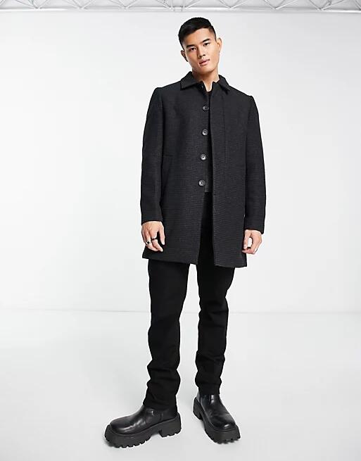 French Connection single breasted collar coat in charcoal houndsooth-Gray Cover