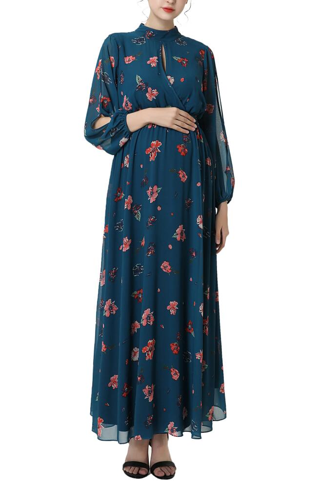 Kimi and Kai Floral Print Long Sleeve Maternity Maxi Dress in Blue Cover