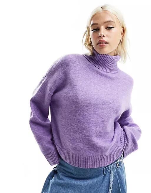 Monki roll neck knit sweater in lilac melange-Purple Cover