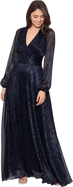 Betsy & Adam Long Sleeve V-Neck Metallic Gown (Navy/Royal) Women's Dress Cover