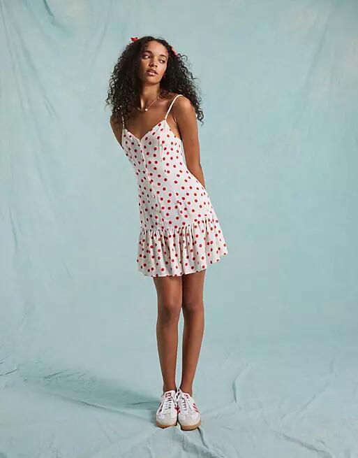 Miss Selfridge strappy button up mini sundress in cream polka dot-White Cover