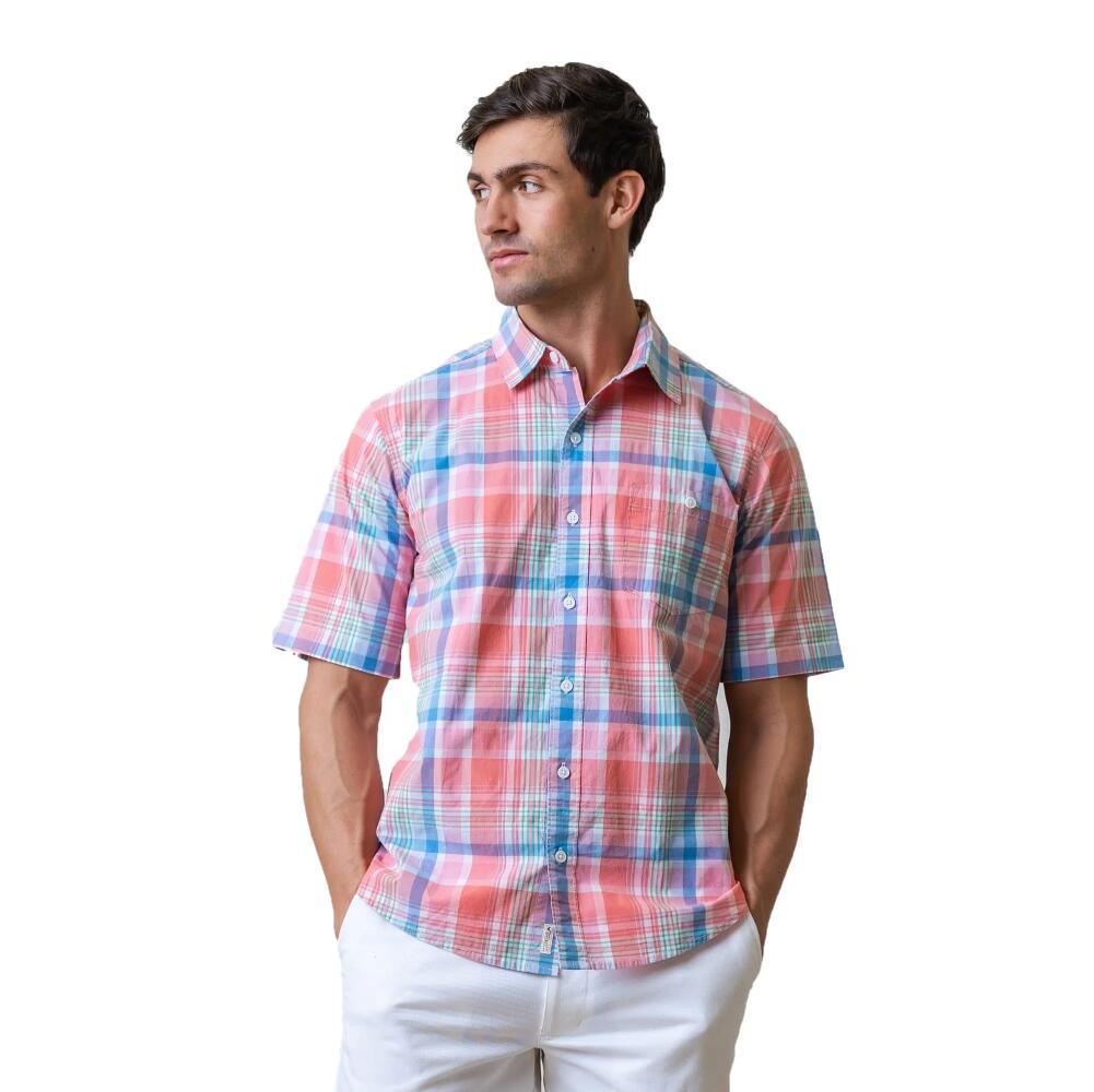 Hope & Henry Mens' Stretch Poplin Short Sleeve Button Down Shirt in Bright Spring Plaid Poplin Cover