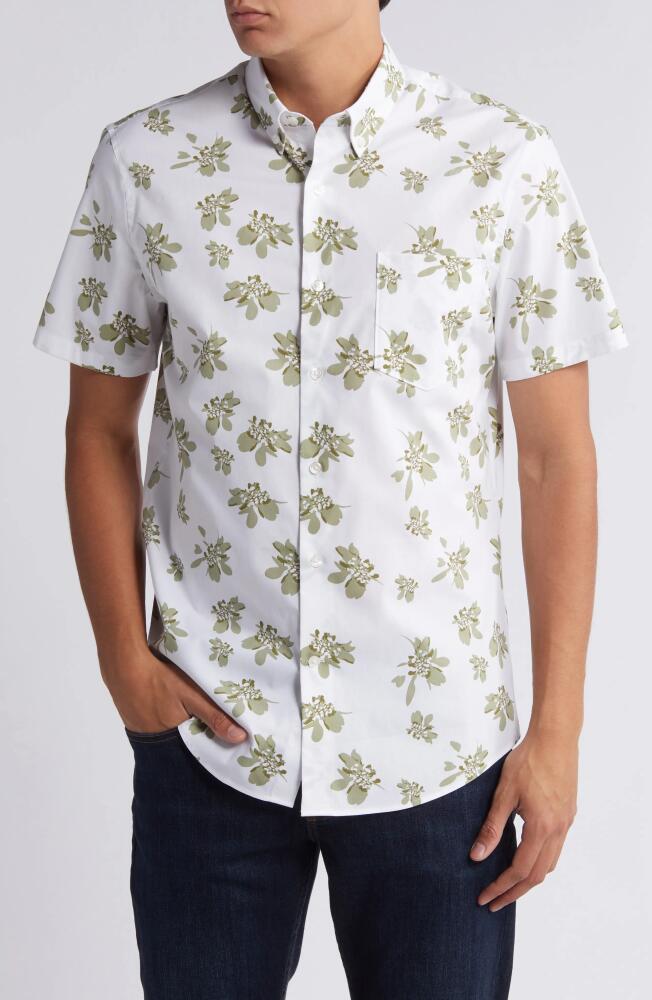 Nordstrom Tech-Smart Trim Fit Floral Short Sleeve Performance Button-Down Shirt in White- Olive Tropical Floral Cover