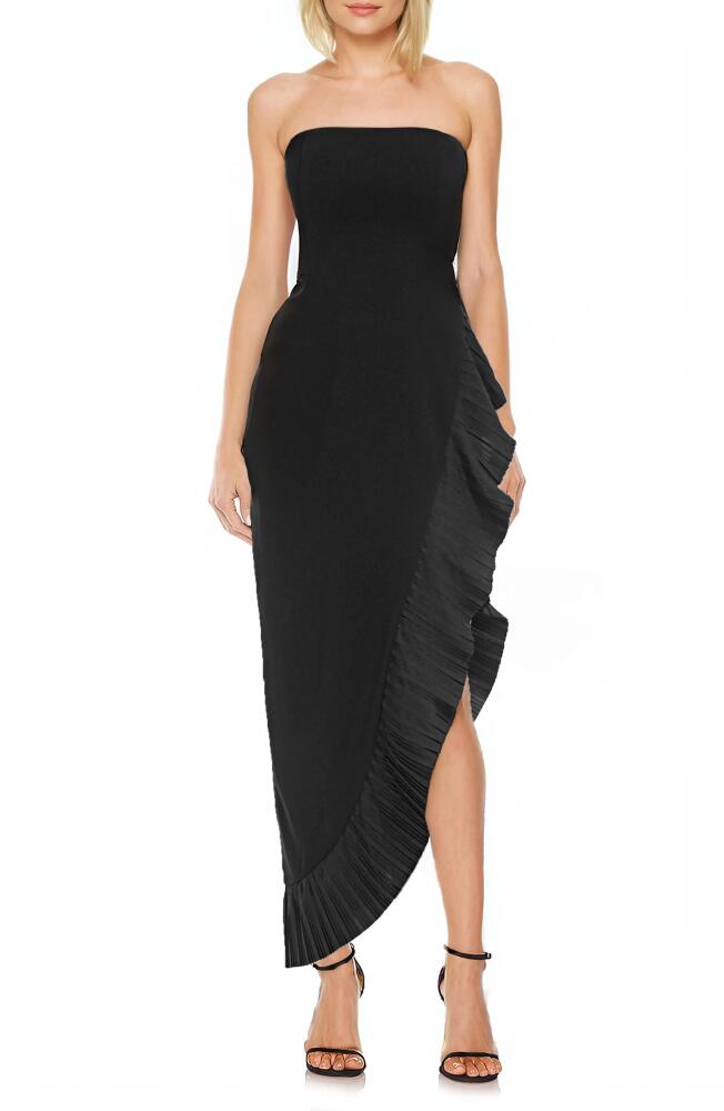 Jewel Badgley Mischka Pleat Detail Strapless High-Low Sheath Gown in Black Cover