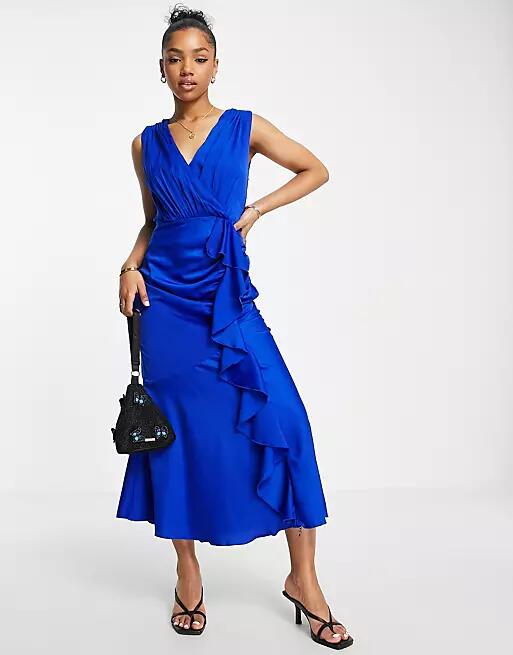 Little Mistress plunge front satin midi dress in royal blue Cover