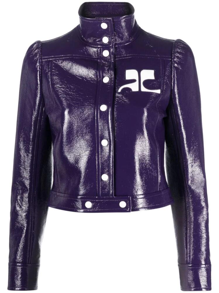 Courrèges logo-appliqué patent biker jacket - Purple Cover