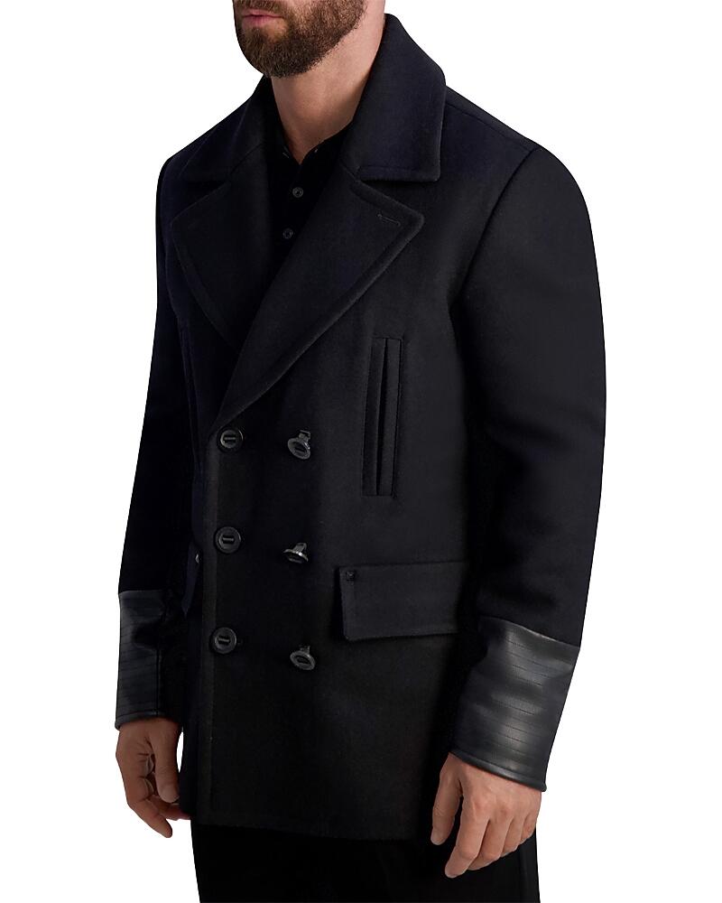 Karl Lagerfeld Paris Faux Leather Trimmed Regular Fit Double Breasted Peacoat Cover