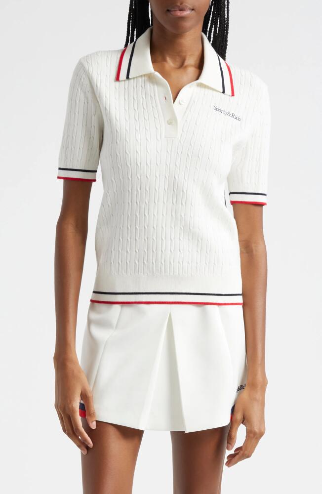 Sporty & Rich Mila Cable Embroidered Tipped Polo Sweater in White Cover