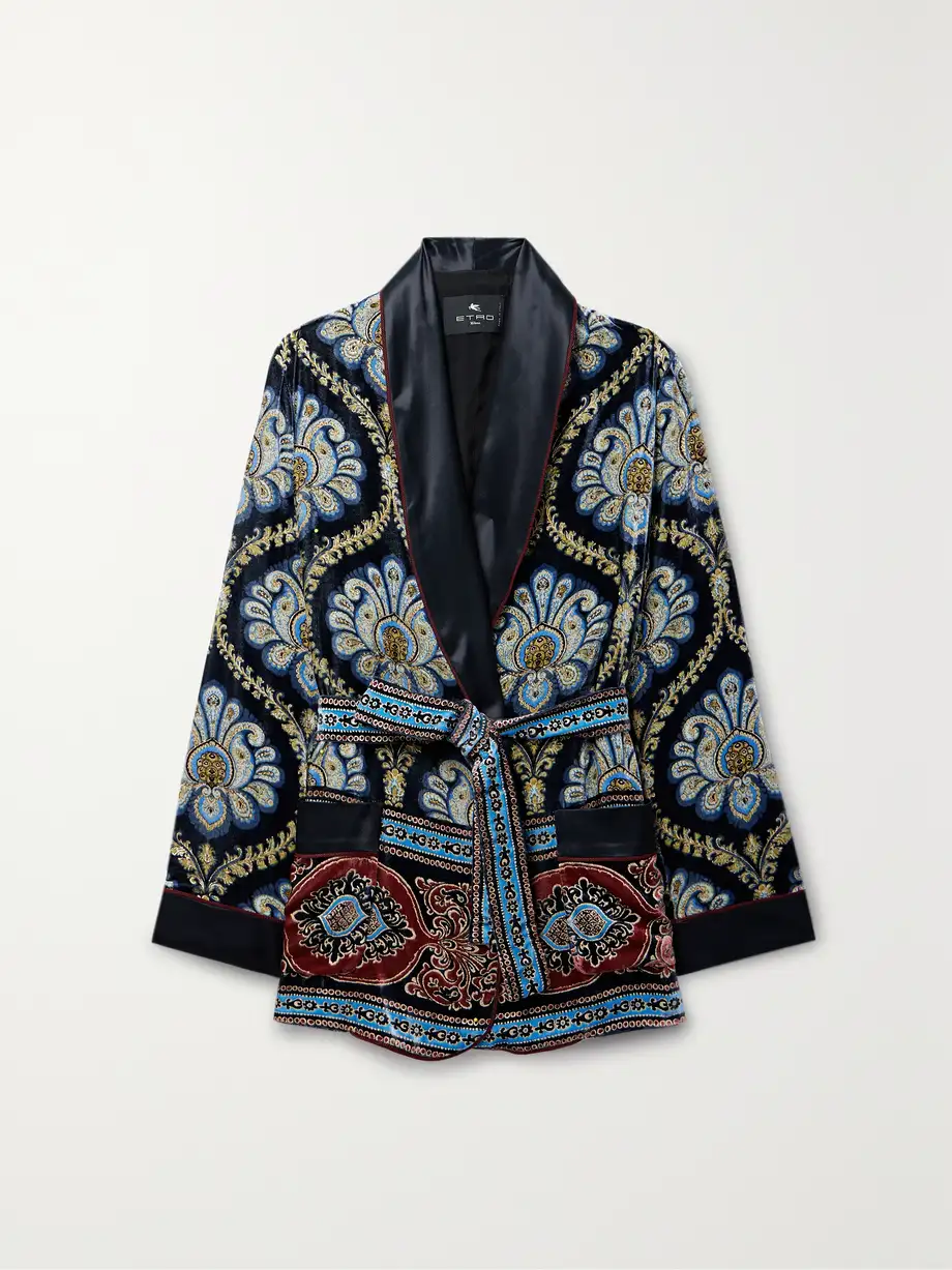 Etro - Belted Satin-trimmed Velvet-jacquard Cardigan - Blue Cover