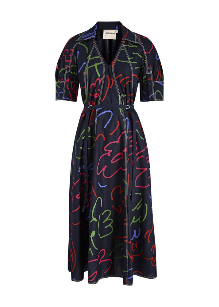 Lovebirds Playbook Printed Linen-blend Midi Dress - Navy Cover