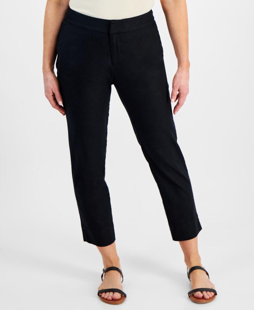 Style & Co Petite Mid Rise Linen-Blend Ankle Pants, Created for Macy's - Deep Black Cover