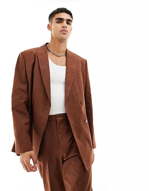 ASOS DESIGN oversized suit jacket in slubby texture in brown Cover