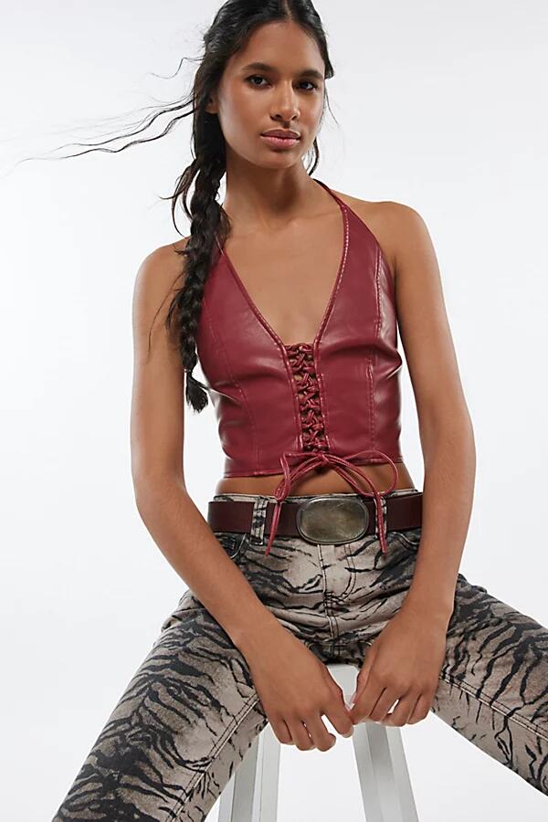 Silence + Noise Teya Faux Leather Halter Top in Maroon Cover