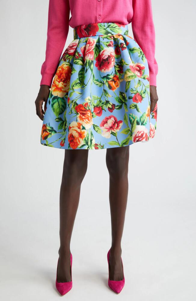 Carolina Herrera Rose Print Faille Skirt in Lake Blue Multi Cover