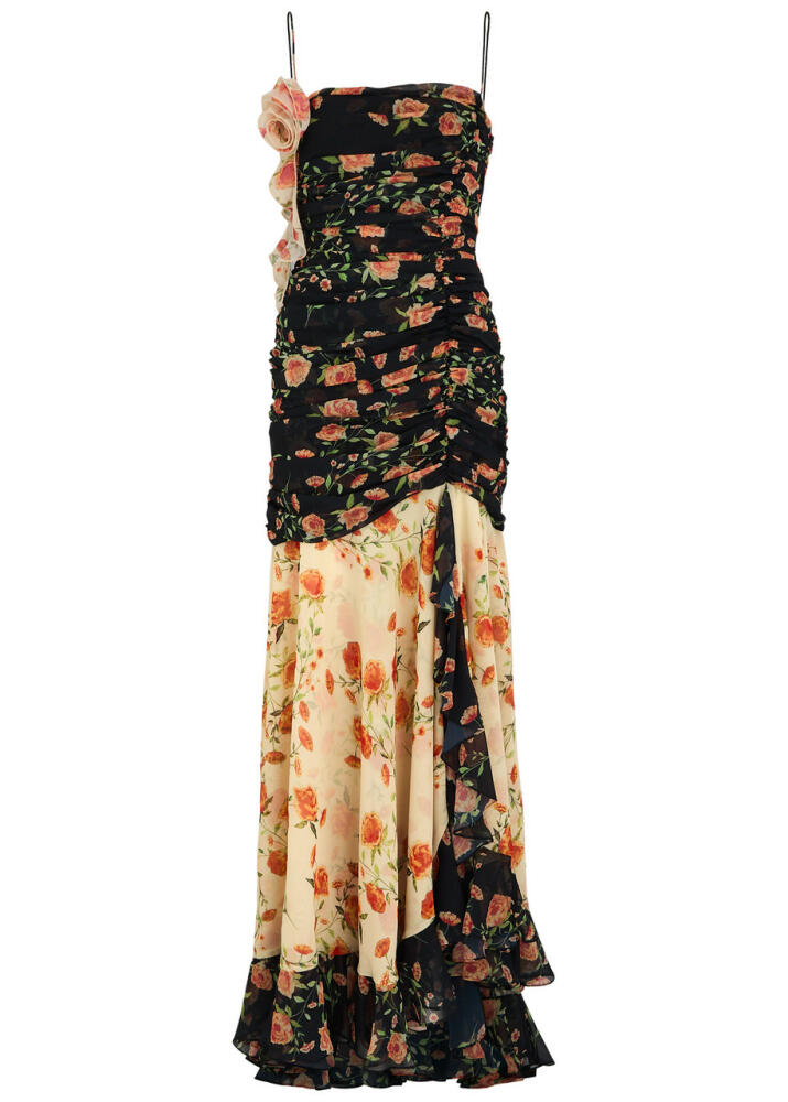 DE LA Vali Rosado Floral-print Ruched Chiffon Maxi Dress - Black Cover