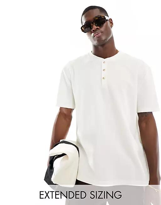 ASOS DESIGN relaxed t-shirt with button up collar in cream-White Cover