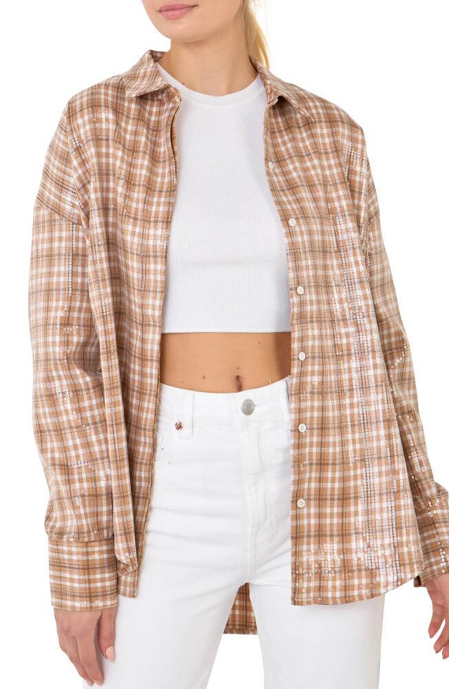 Grey Lab Plaid Sequin Button-Up Shirt in Tan Cover