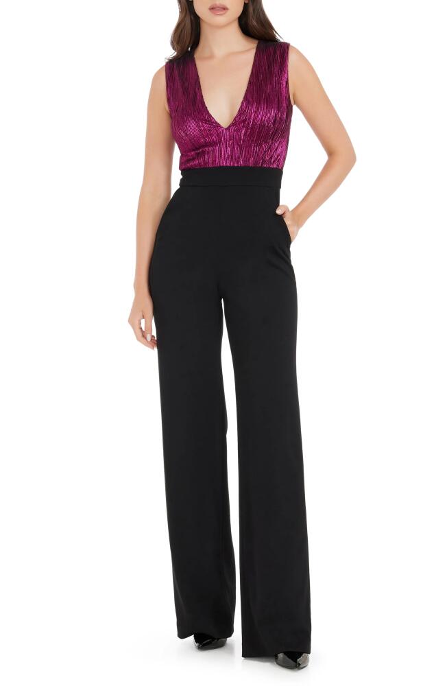 Dress the Population Everette Metallic Bodice Mixed Media Jumpsuit in Black-Fuchsia Cover