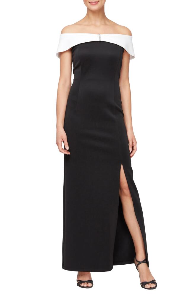 SL FASHIONS Off the Shoulder Column Gown in Black Ivory Cover