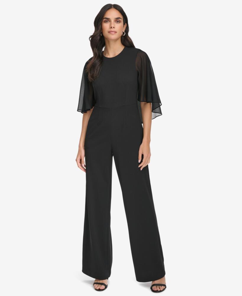 Calvin Klein Women's Chiffon-Cape-Sleeve Scuba-Crepe Jumpsuit - Black Cover