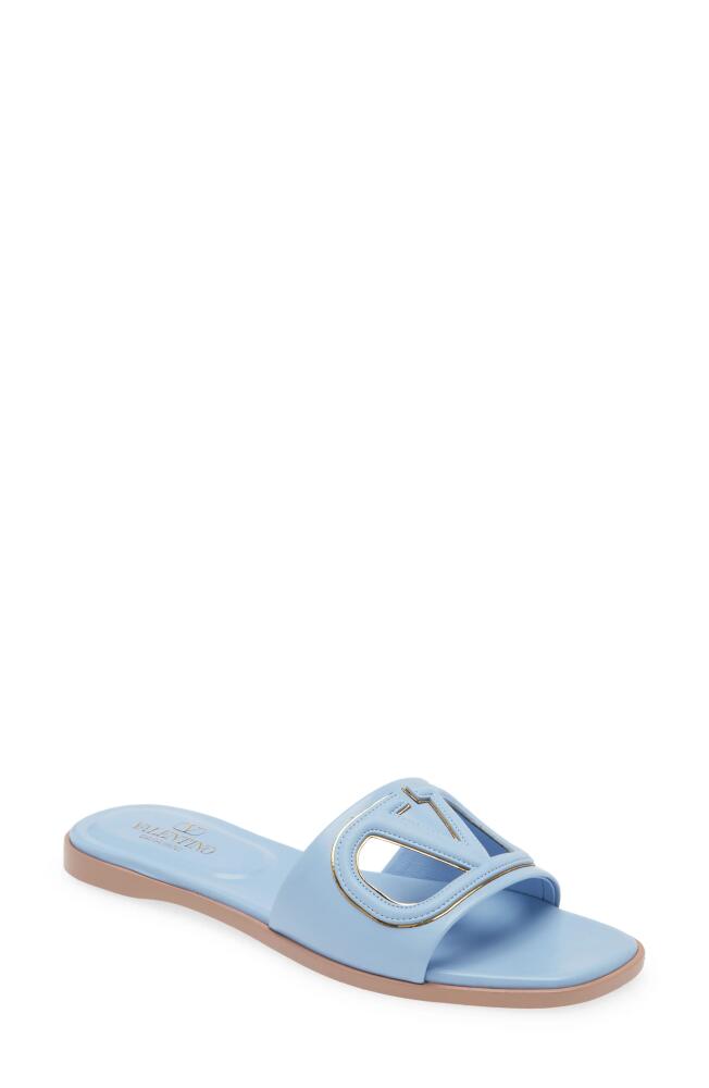 Valentino Garavani VLOGO Cutout Slide Sandal in Popeline Blue/Antique Brass Cover