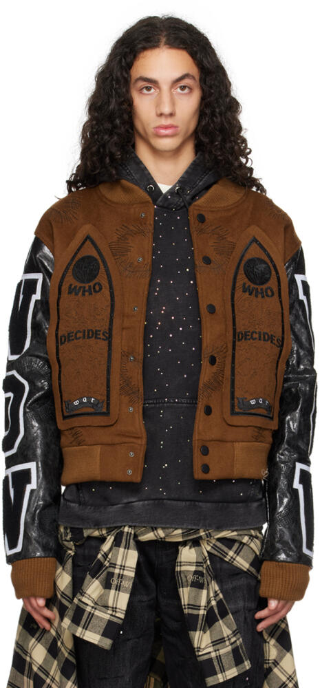 Who Decides War SSENSE Exclusive Brown Namesake Varsity Bomber Jacket Cover