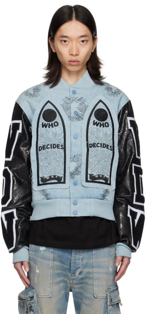 Who Decides War SSENSE Exclusive Blue & Black Namesake Denim Bomber Jacket Cover