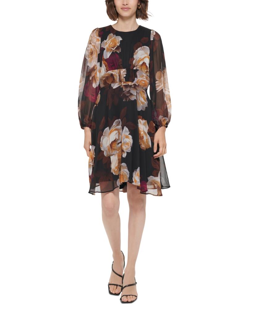 Calvin Klein Women's Floral Chiffon Long-Sleeve Dress - Permission Multi Cover