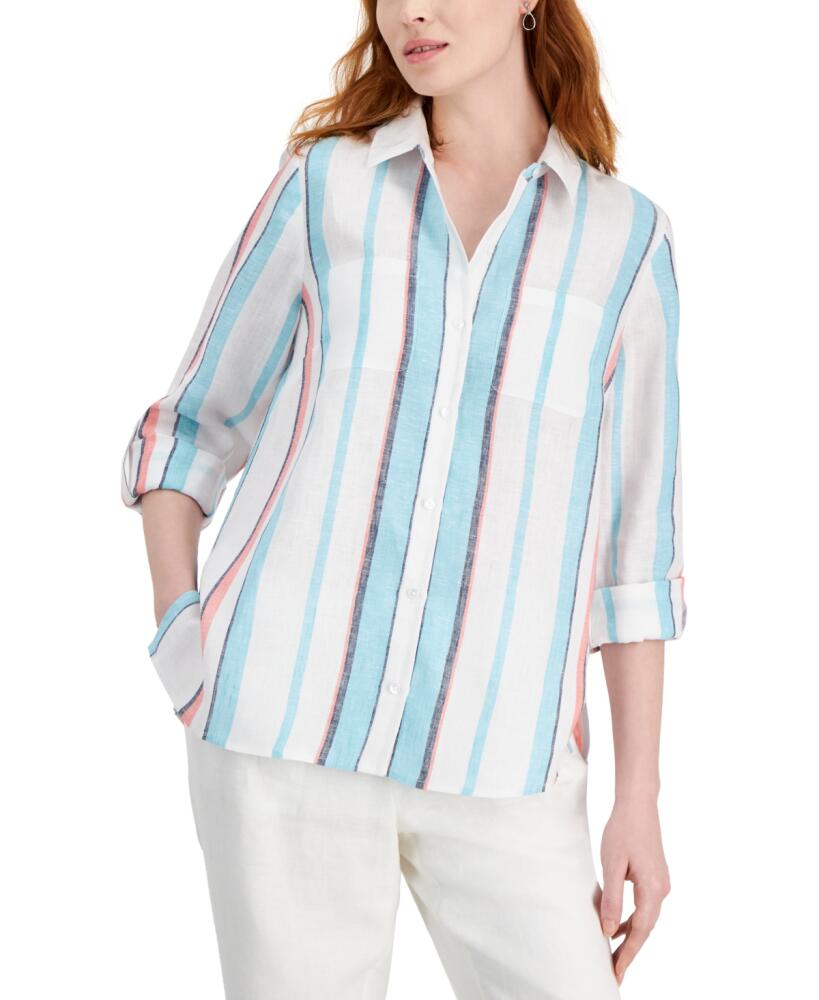 Charter Club Women's 100% Linen Hampton Stripe Tab-Sleeve Top, Created for Macy's - Bright White Combo Cover