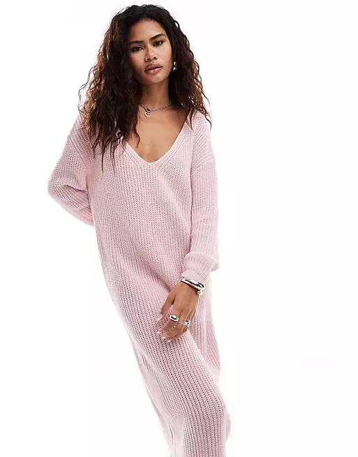 Glamorous ribbed knit v neck midi dress in soft pink Cover