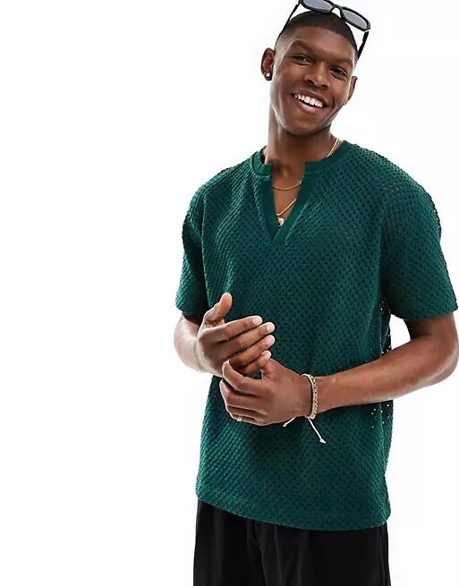 ASOS DESIGN relaxed T-shirt with V-neck in dark green texture Cover