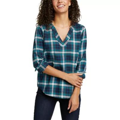 Eddie Bauer Women's Field Flannel V-Neck Popover Shirt Cover